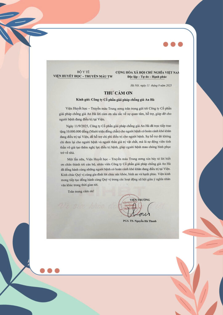 Thư cảm ơn từ Viện Huyết học